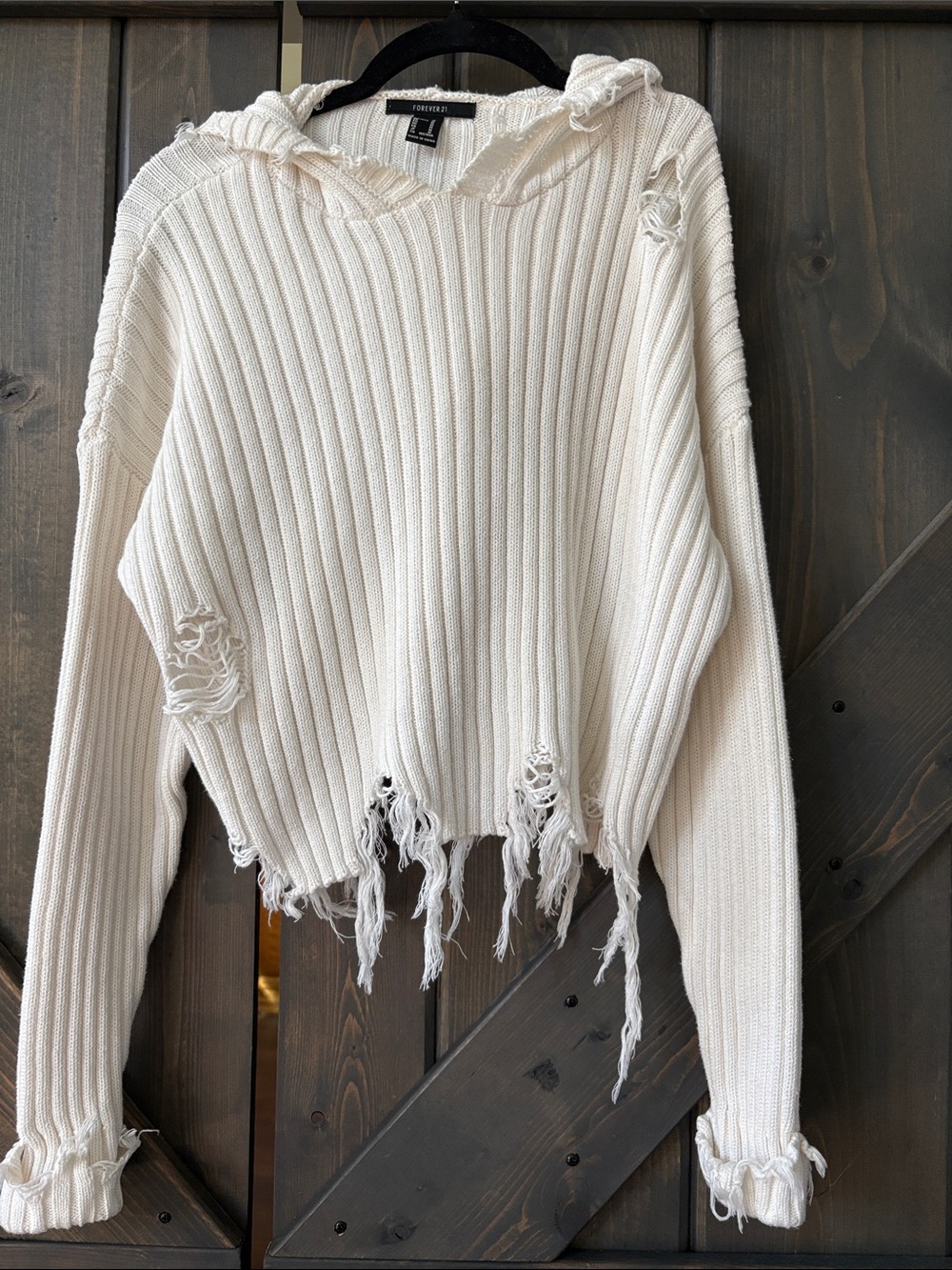 Forever 21 Cream Distressed Ribbed Hooded Sweater